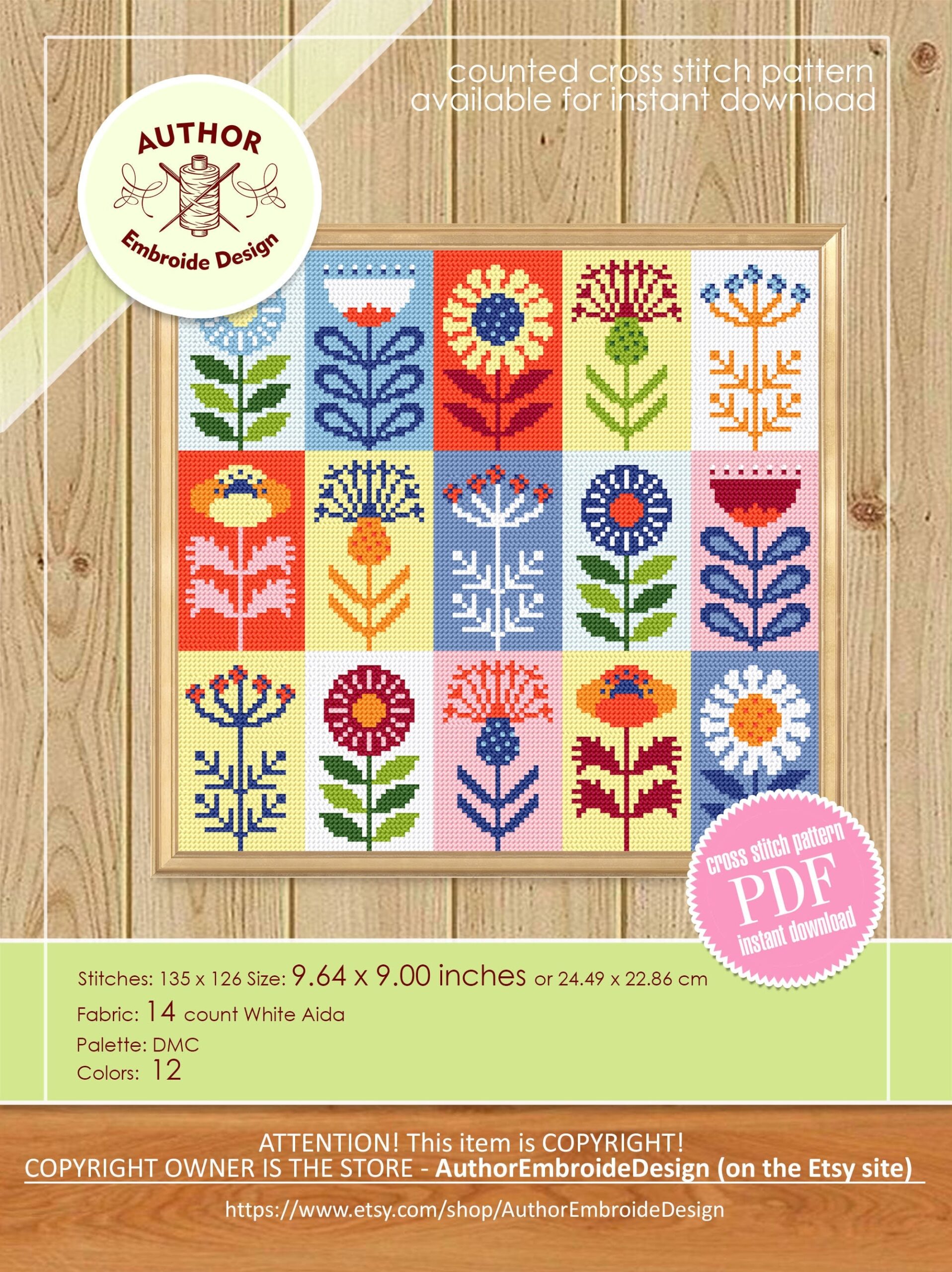 Folk Flowers Cross Stitch Pattern PDF Download Scandinavian Flower Sampler Patchwork Cross Stitch Chart Floral Pattern Digital PDF P44 Etsy
