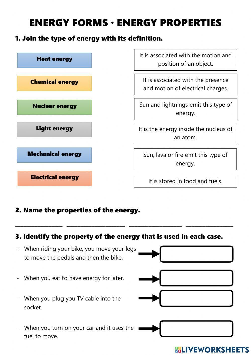 Form And Properties Of Energy Worksheet Live Worksheets Worksheets Library