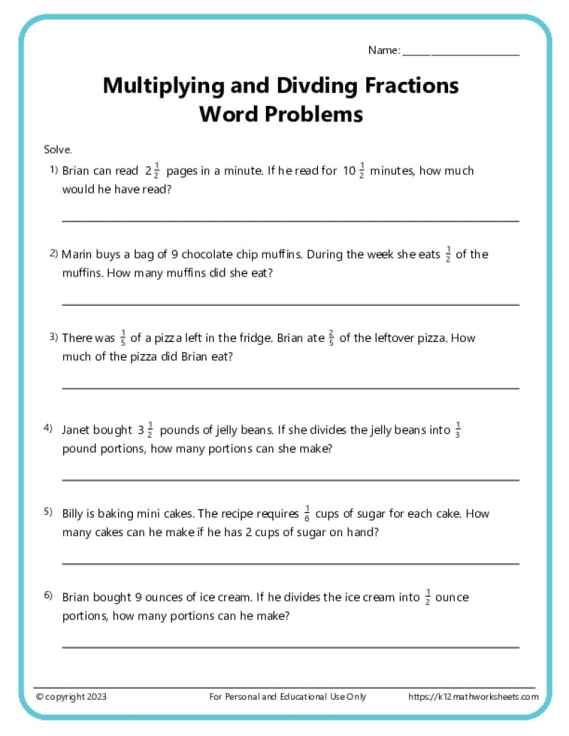 multiplying and dividing fractions worksheets