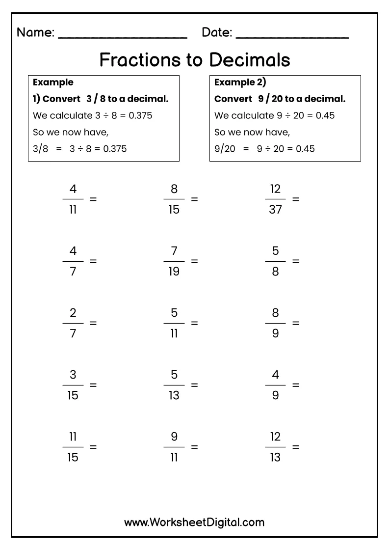 changing fractions into decimals worksheet changing fractions into decimals worksheet