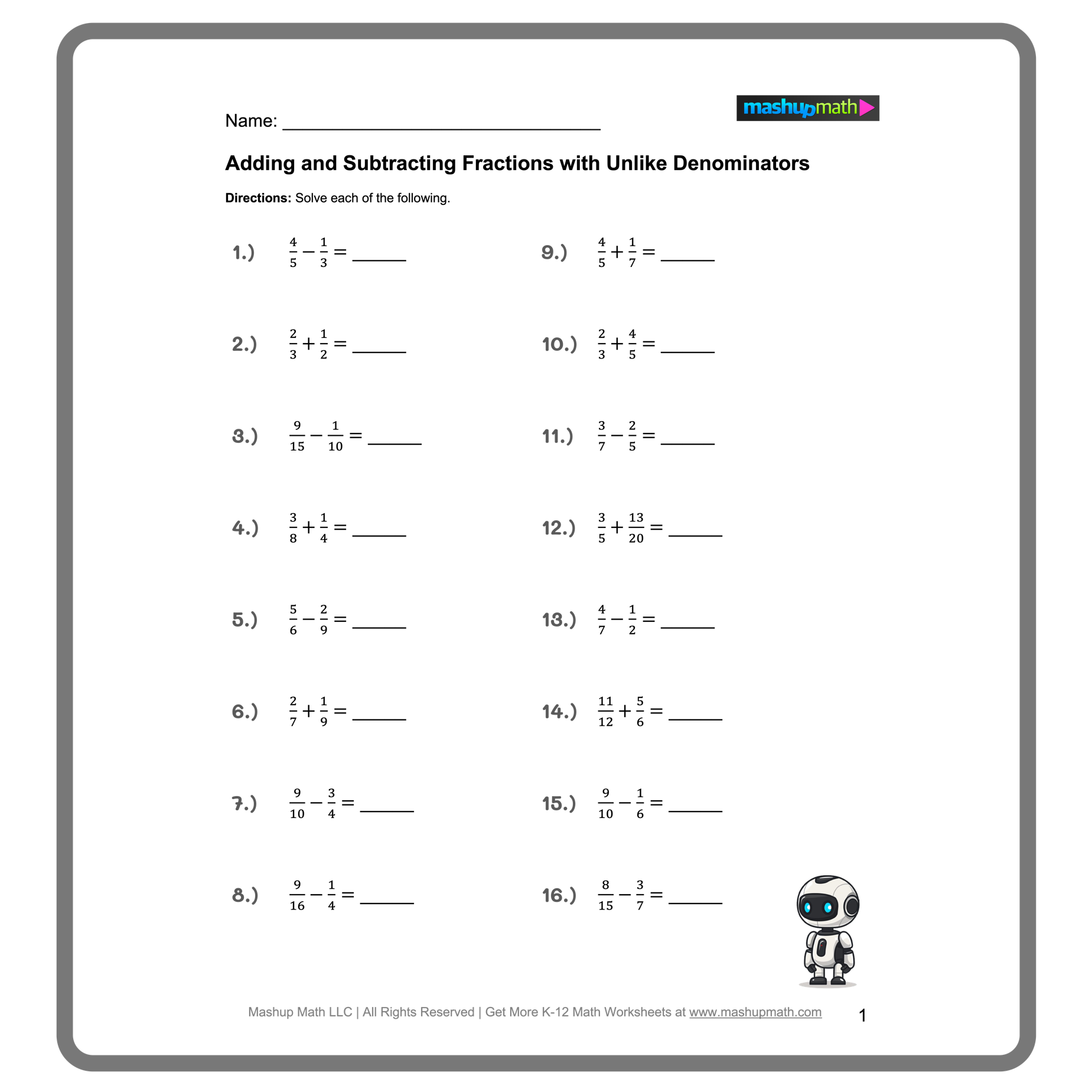 adding fractions with unlike denominators worksheet adding fractions with unlike denominators worksheet