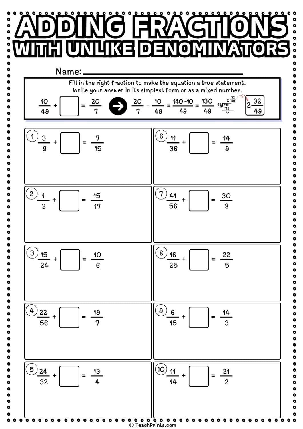adding unlike fractions worksheet