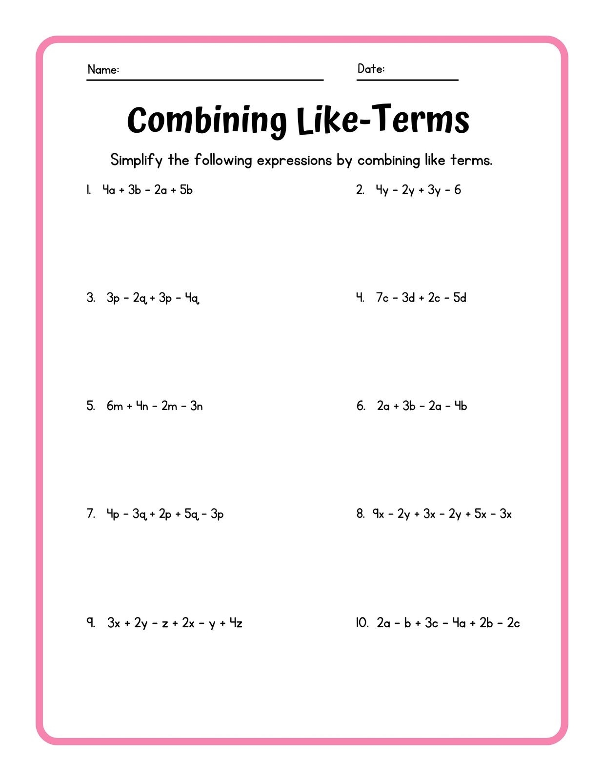Free Custom Combining Like Terms Worksheet Templates Canva Worksheets Library