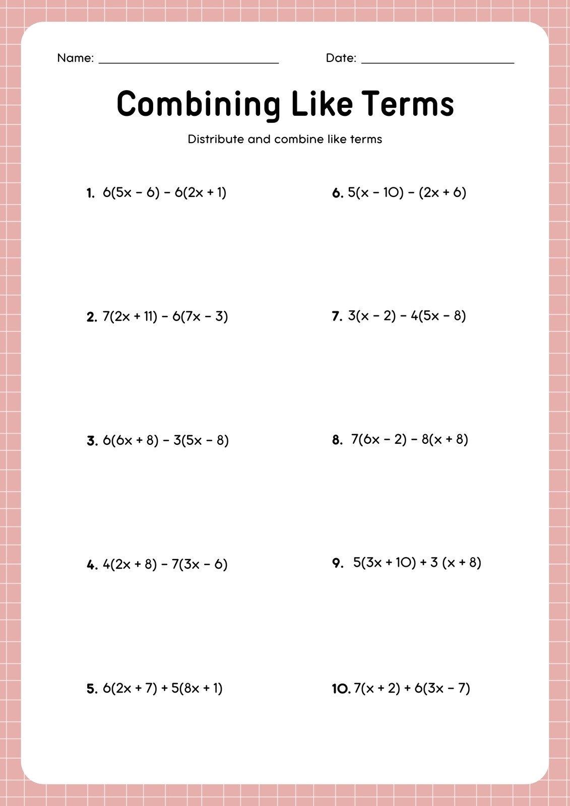 Free Custom Combining Like Terms Worksheet Templates Canva Worksheets Library