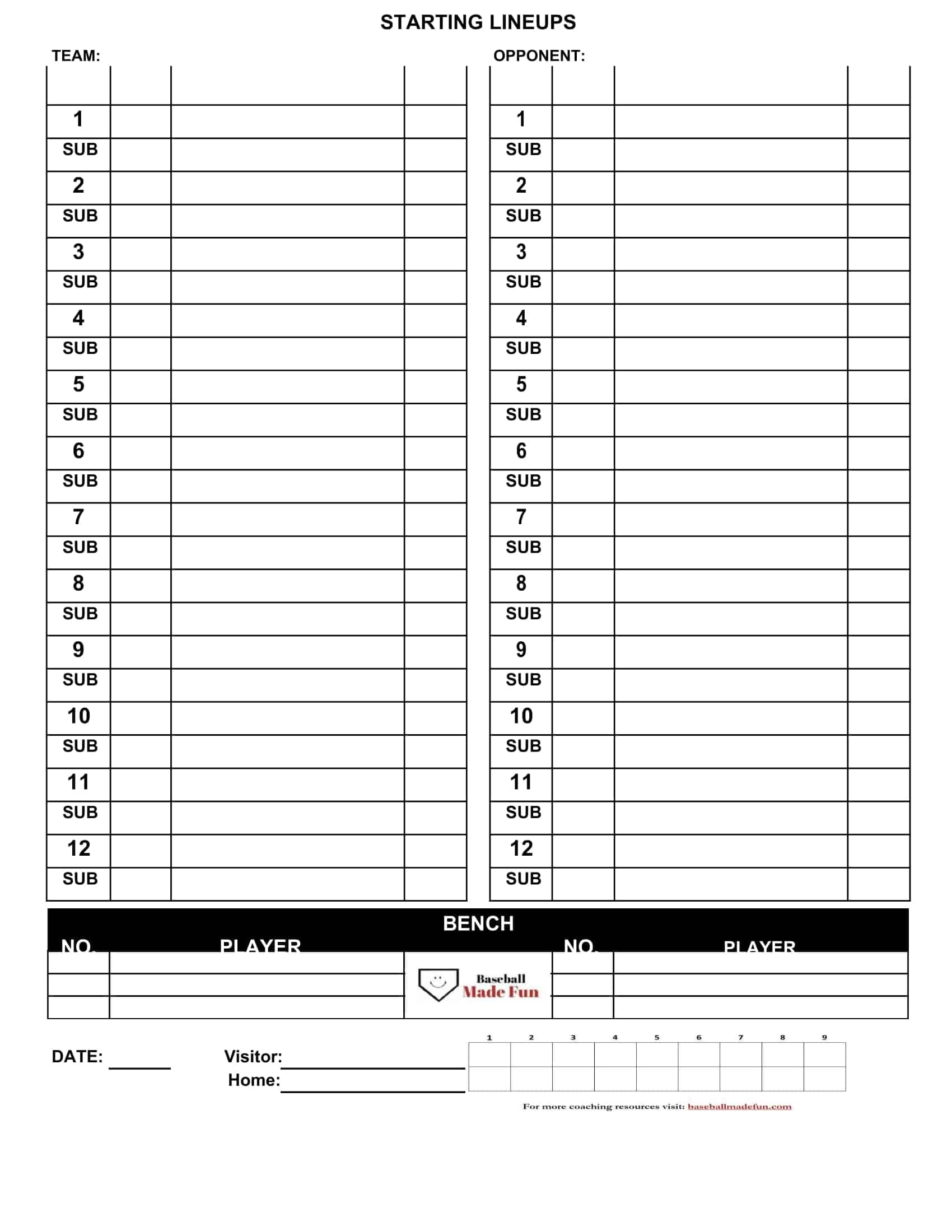 Free Printable Blank Baseball Lineup Templates PDF Online Free Printable Blank Baseball Lineup Templates PDF Online
