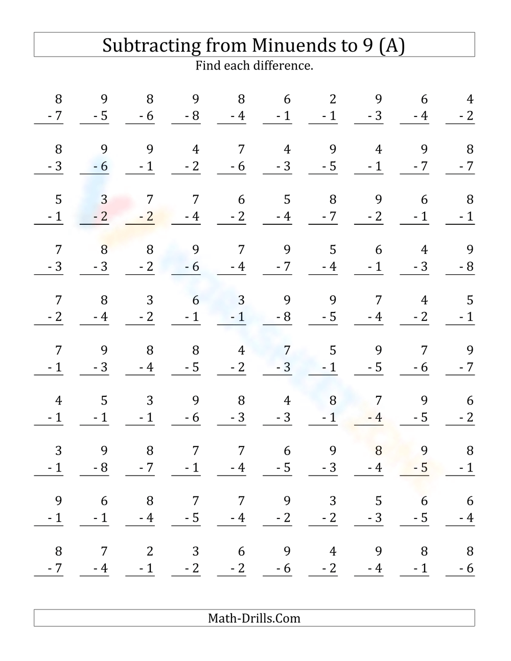 one digit subtraction worksheets