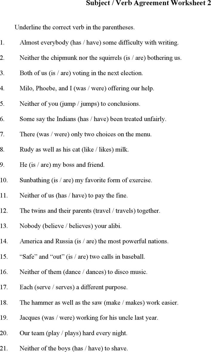 Free Subject Verb Agreement Worksheets Doc 29KB 3 Page s Page 2