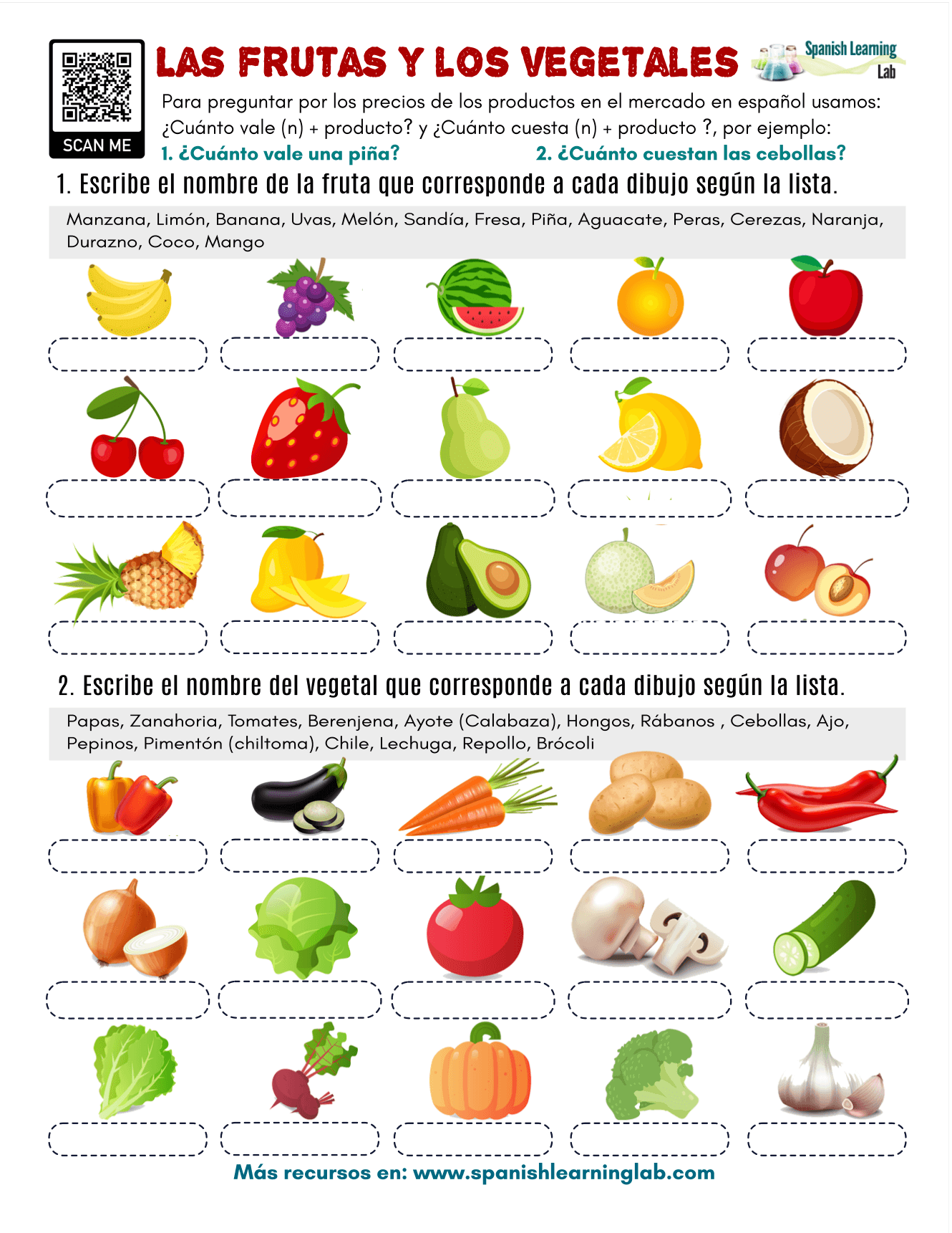 Fruits And Vegetables In Spanish PDF Worksheet Spanish Learning Lab