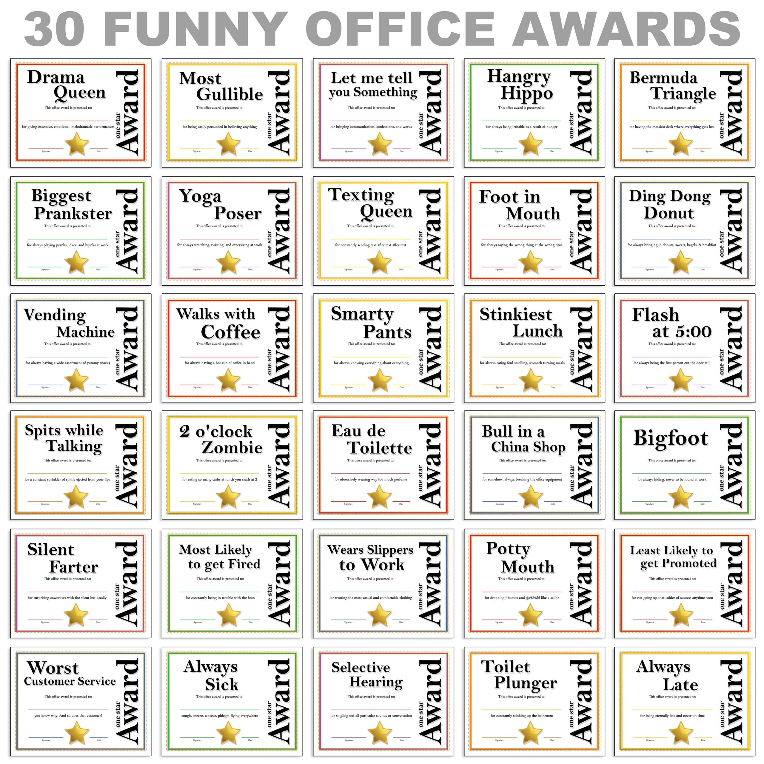 Funny Office Awards 30 Printable Certificates digital Download Etsy
