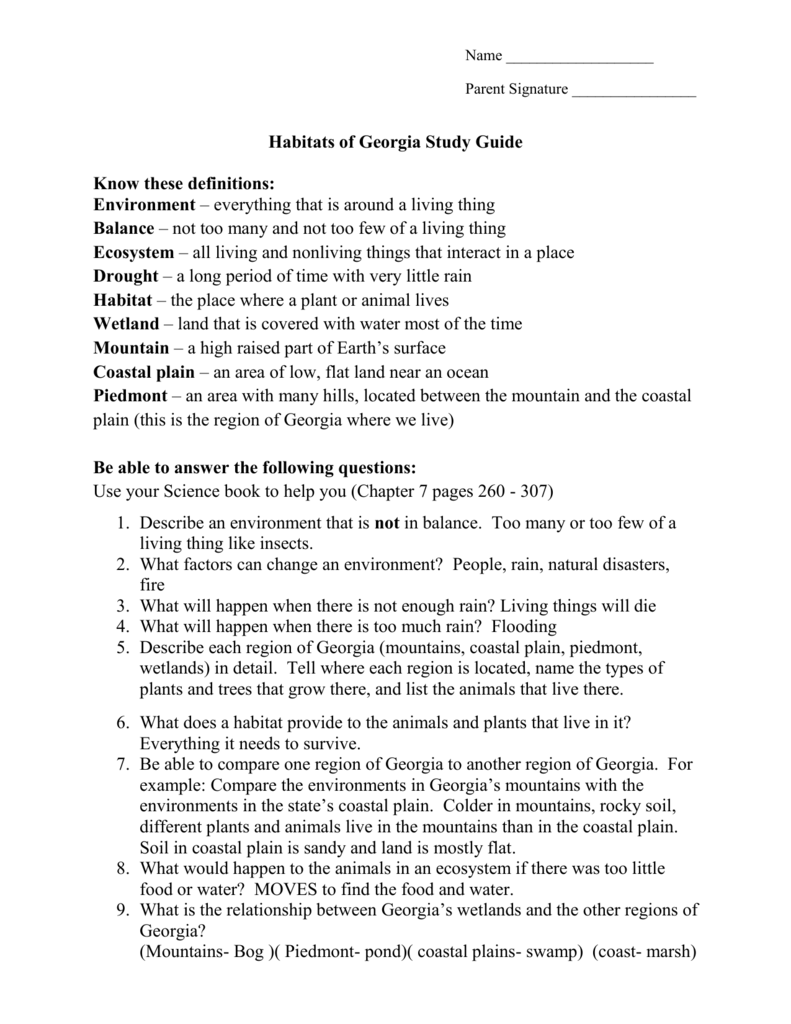 Georgia Habitats Study Guide Definitions Questions