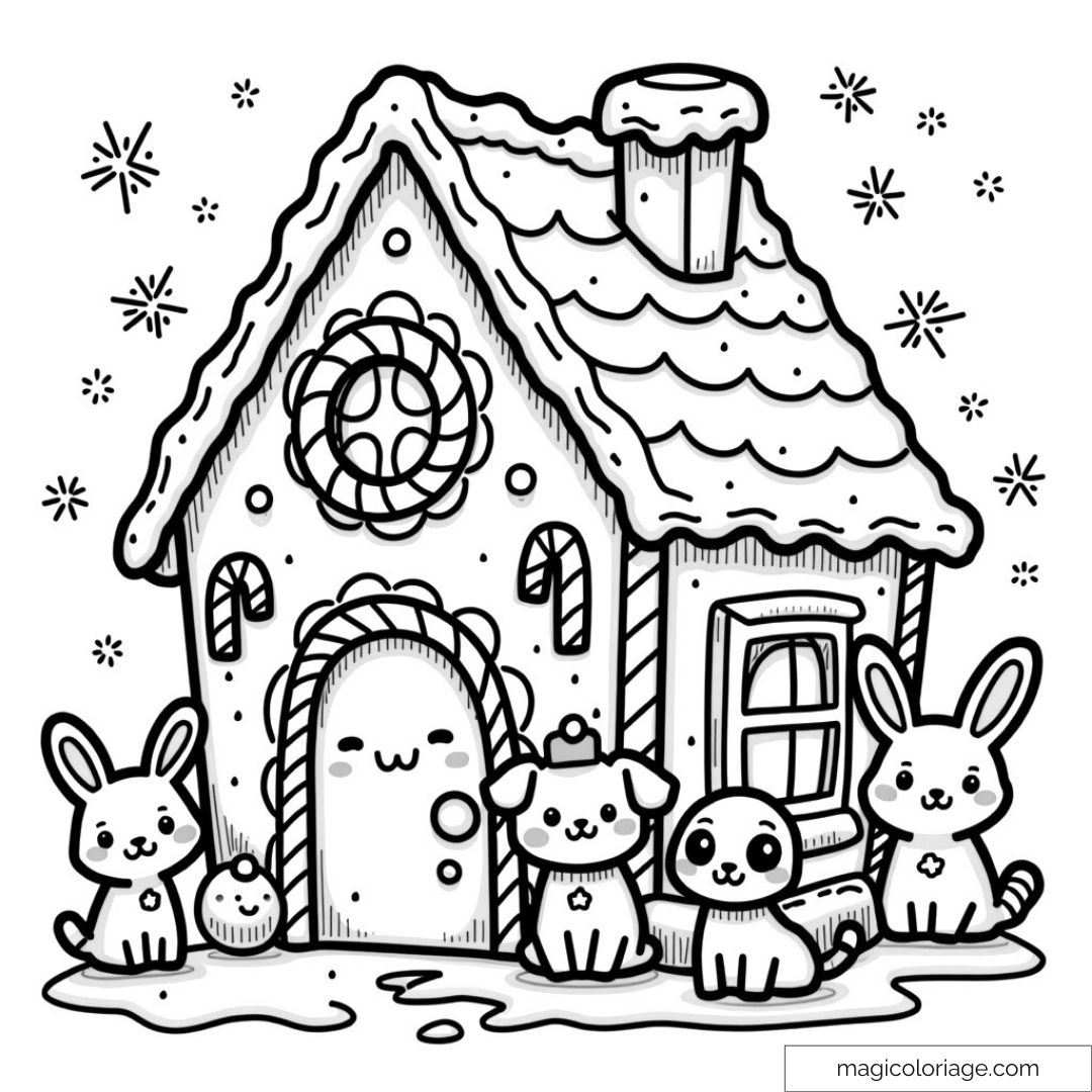 Gingerbread House Coloring Page With Cute Animals Gingerbread House Coloring Page With Cute Animals
