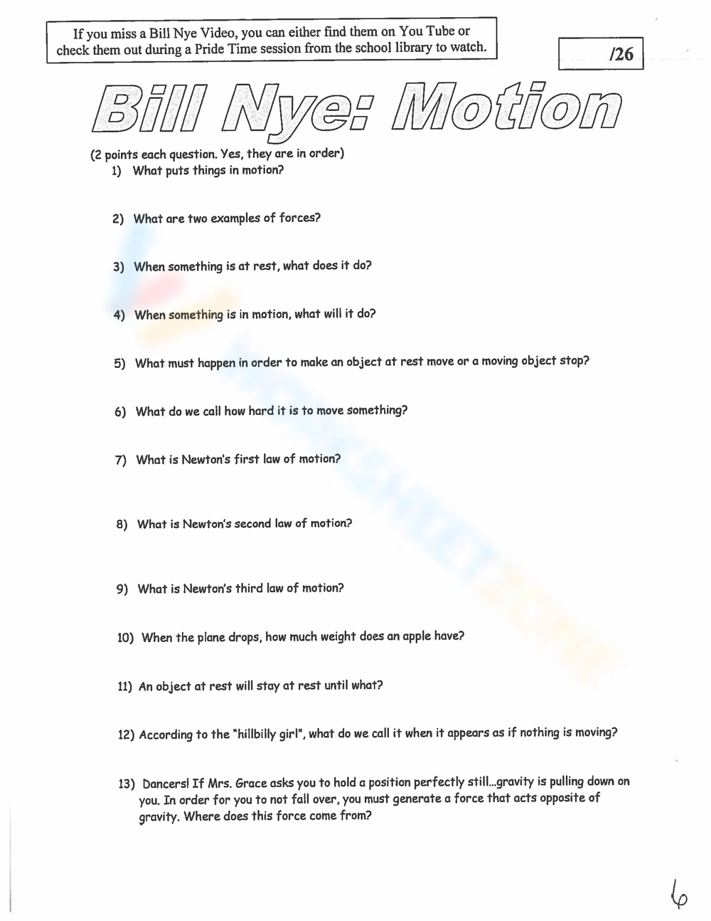 Grade 4 Bill Nye Motion Worksheets