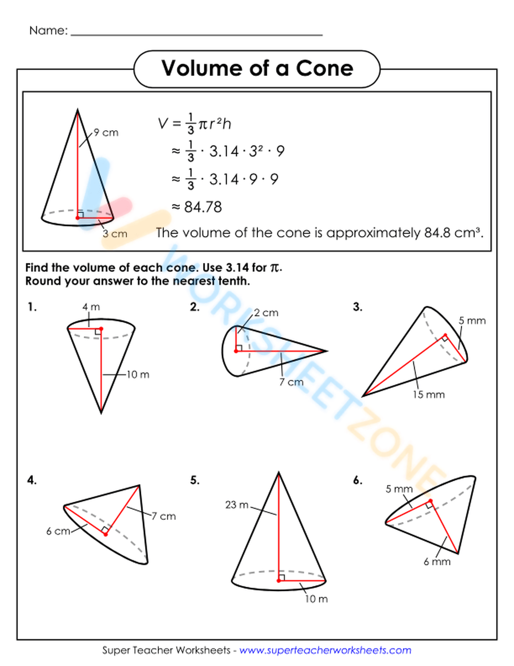 volume of a cone worksheet