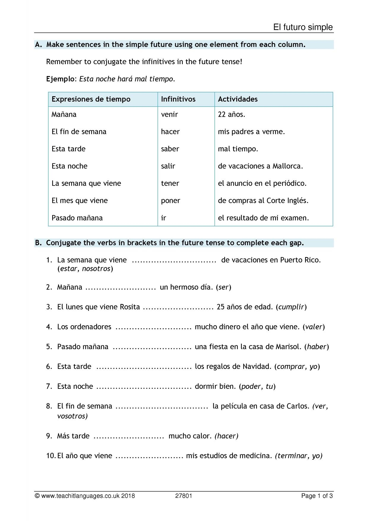 Grammar Worksheet Simple Future KS4 Spanish Teaching Resource Worksheets Library