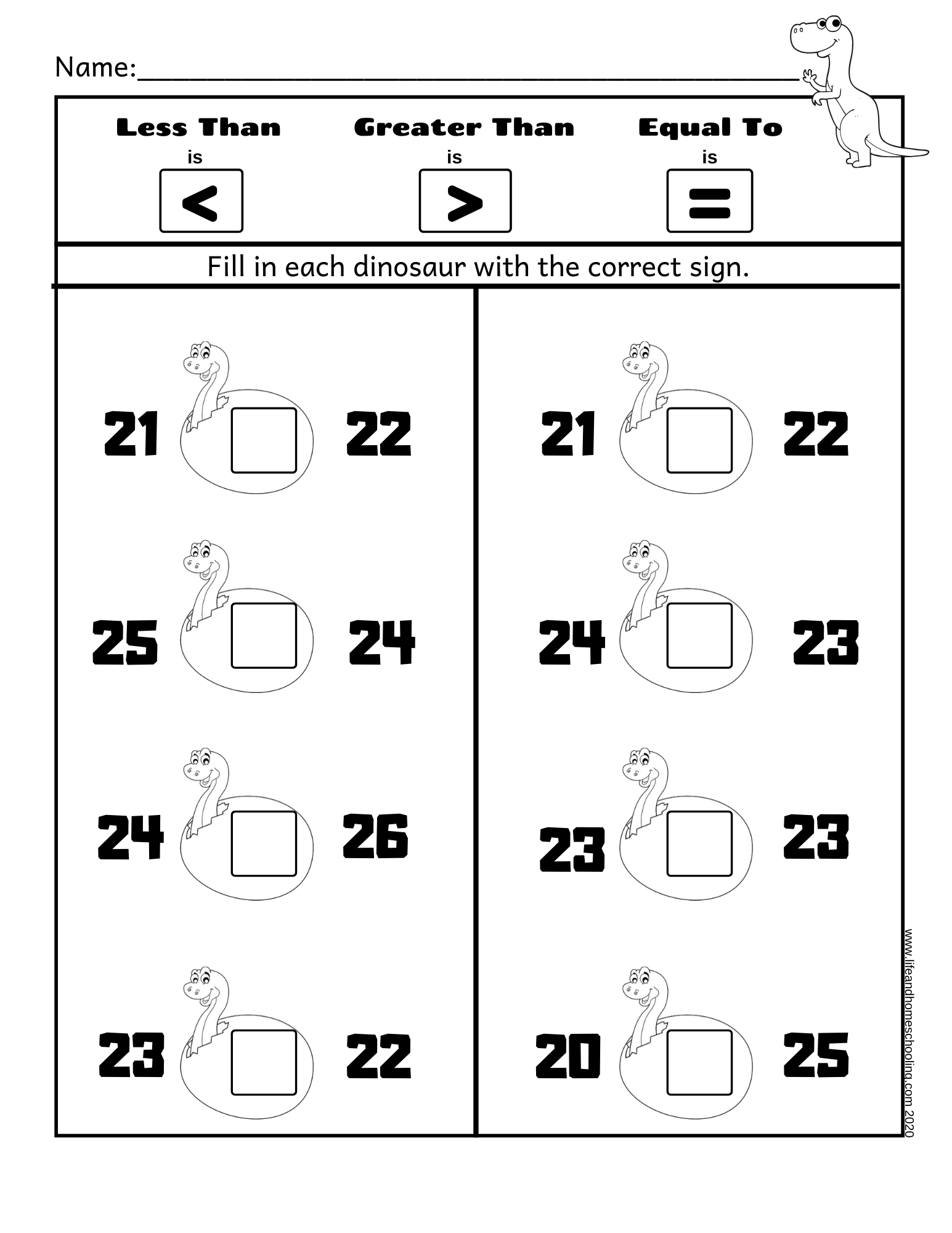 Greater Than Less Than Equal To Dinosaur Themed Made By Teachers