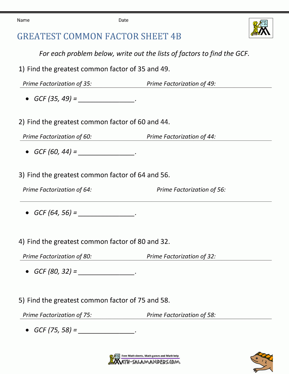 Greatest Common Factor Worksheet Page Greatest Common Factor Worksheet Page