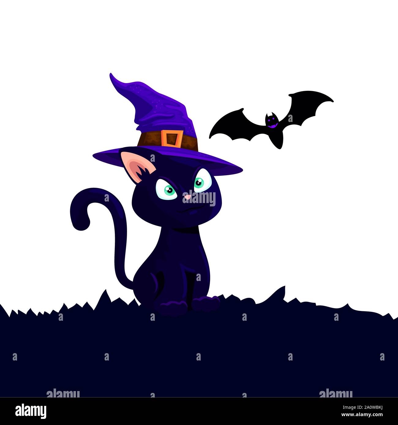 Halloween Cat With Hat Witch And Bat Flying Stock Vector Image Art Alamy