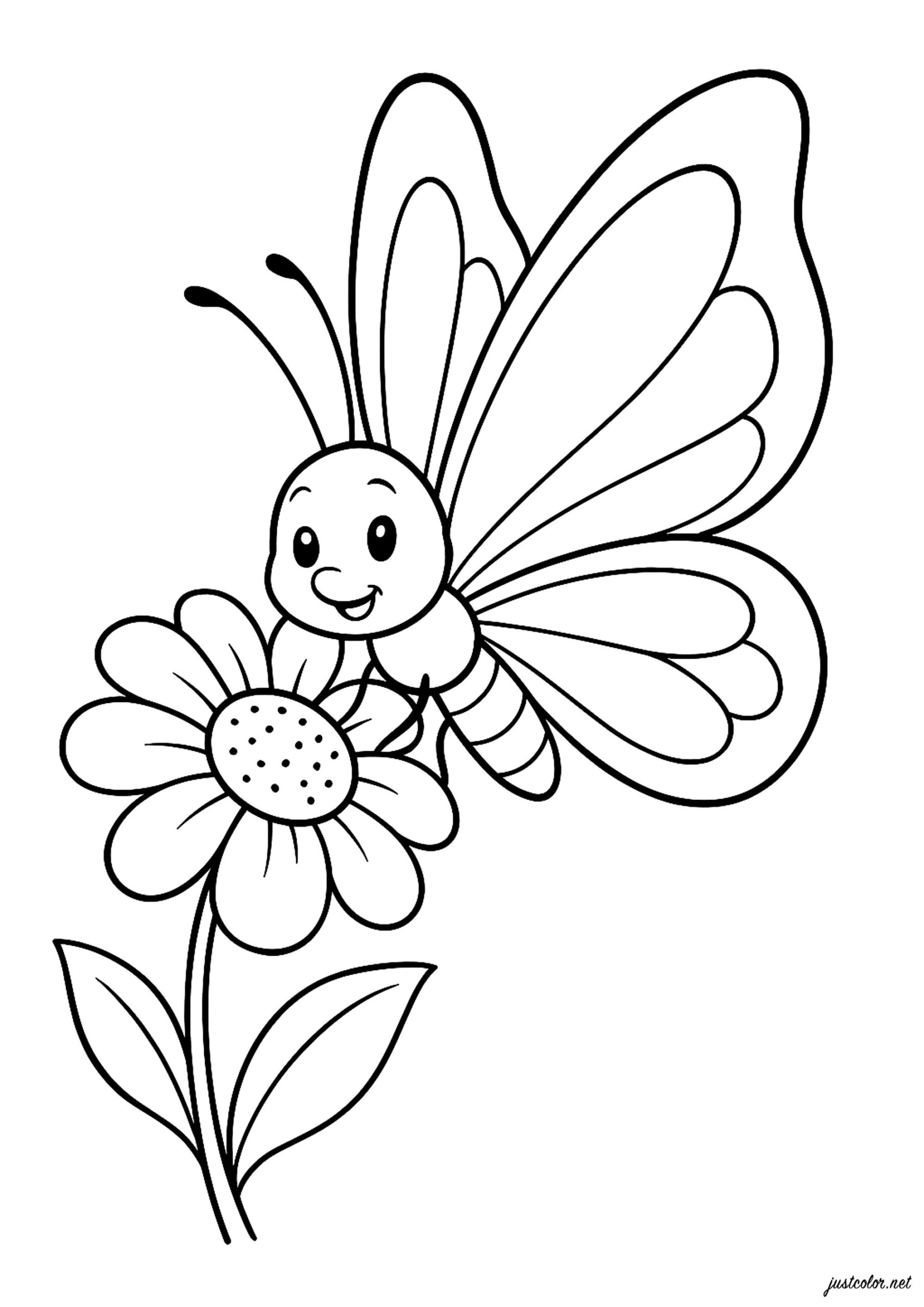 Happy Butterfly On A Flower Butterfly Coloring Pages
