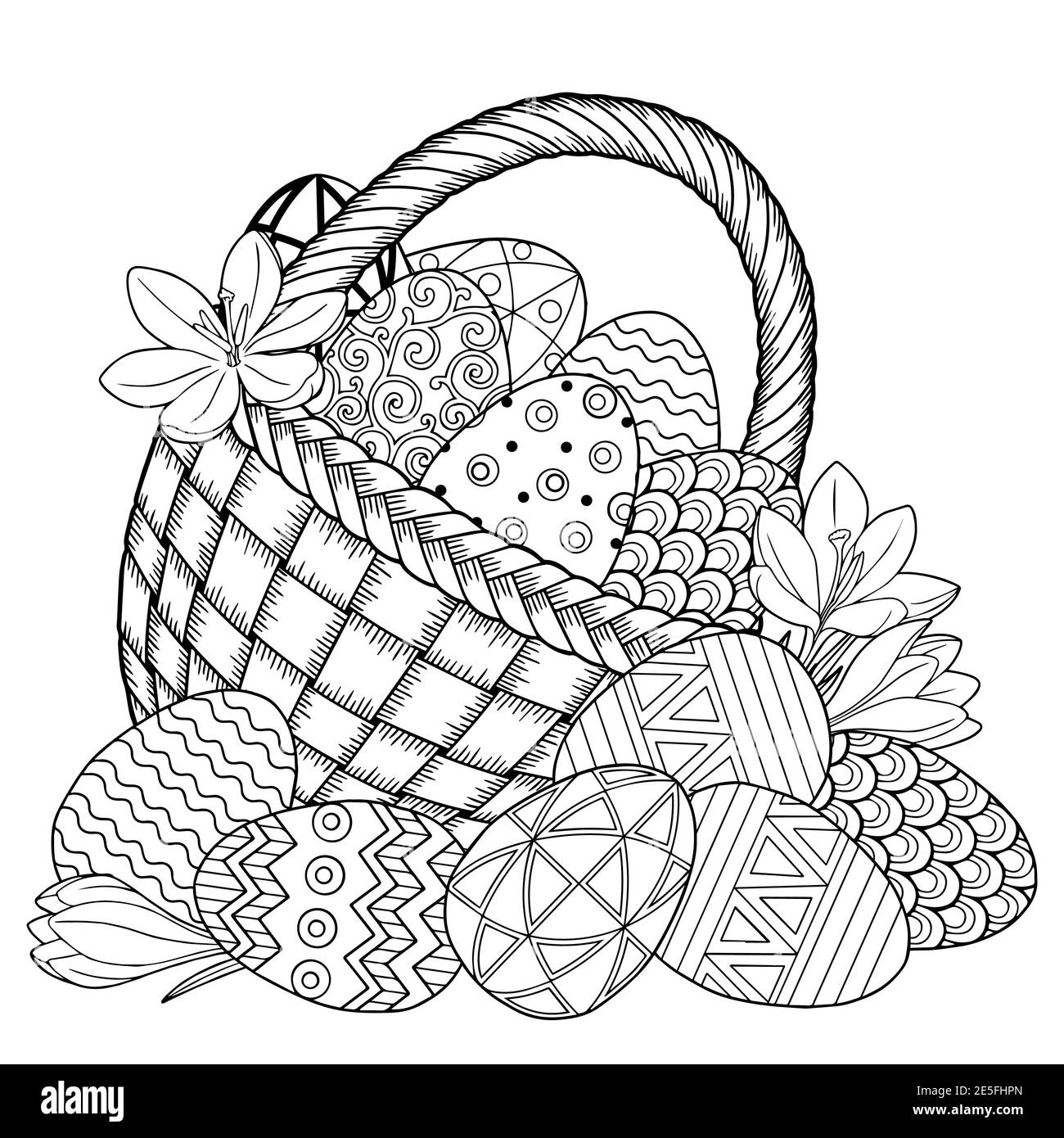 Happy Easter Black And White Doodle Easter Eggs In The Basket Coloring Book For Adults For Relax And Meditation Vector Isolated Elements Stock Vector Image Art Alamy