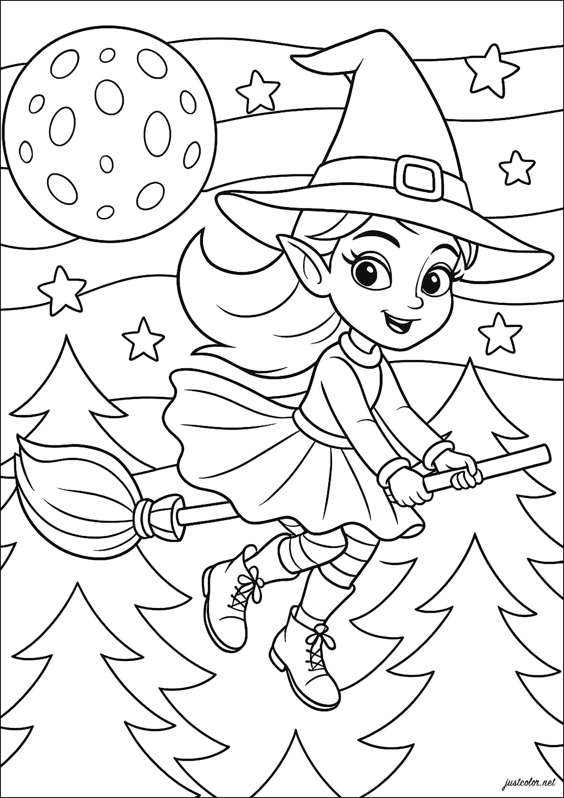 Happy Witch On Her Broom Halloween Coloring Pages For Kids