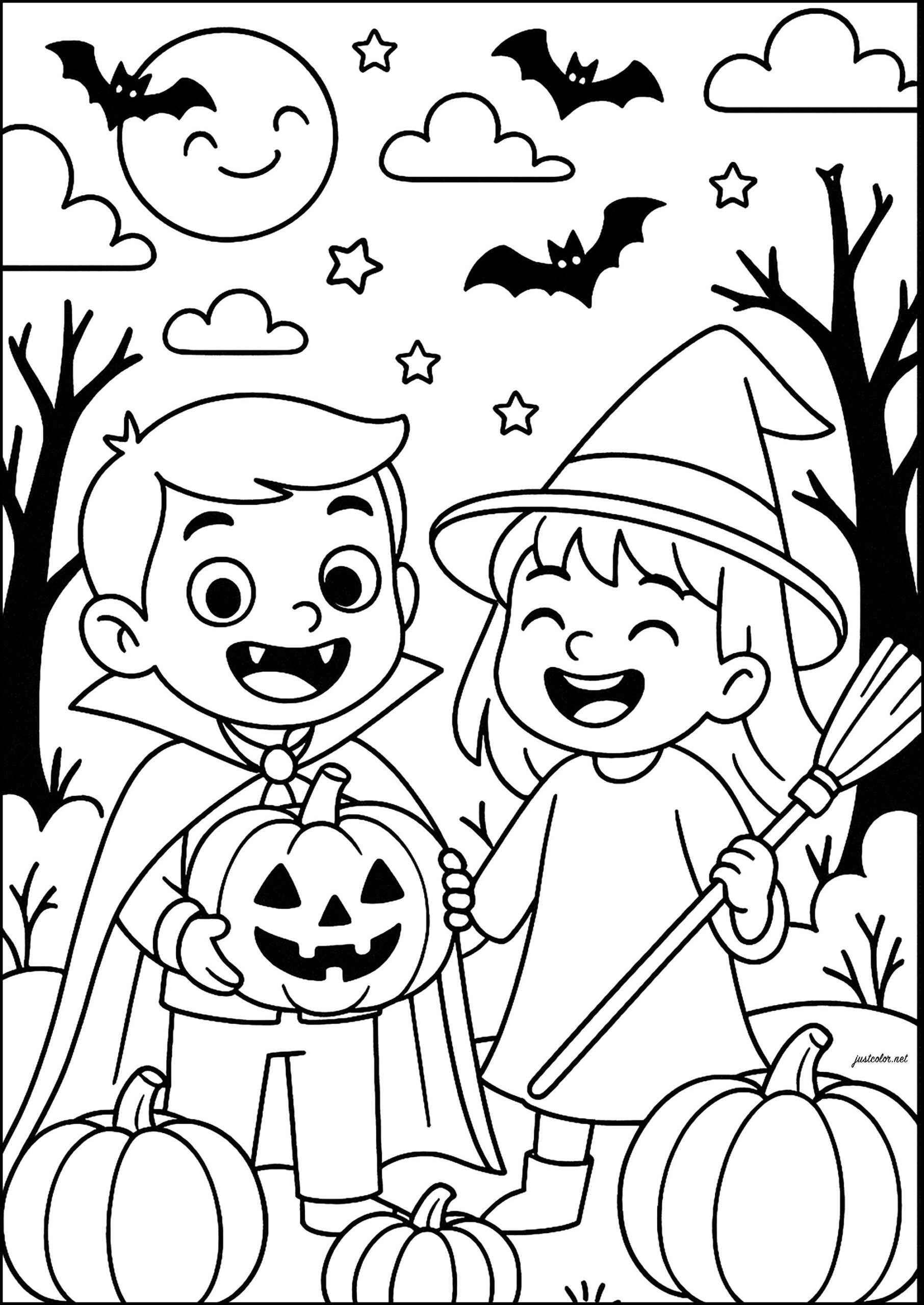 Happy Young Monsters Halloween Coloring Pages For Kids