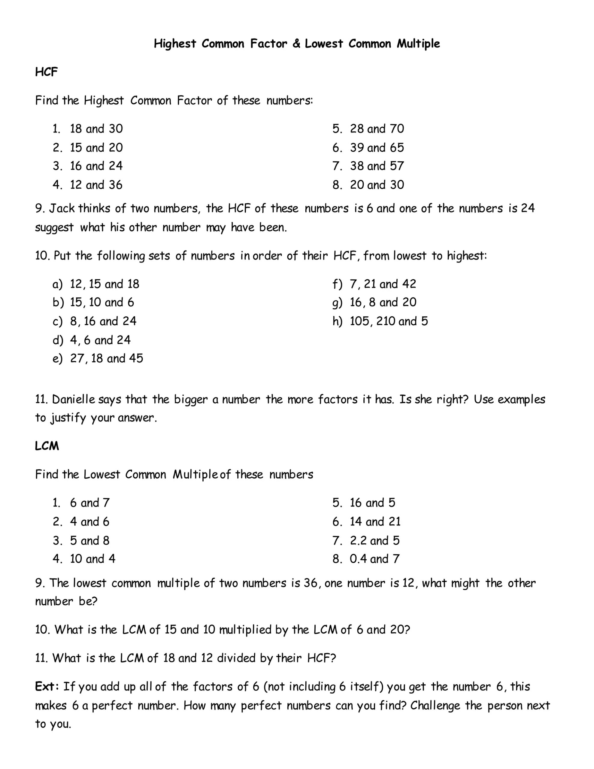 lowest common factor worksheet lowest common factor worksheet
