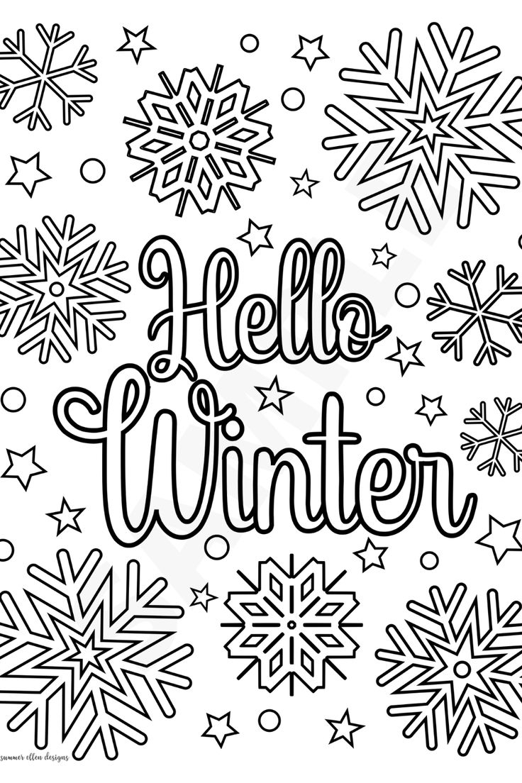 Hello Winter Coloring Page With Snowflakes