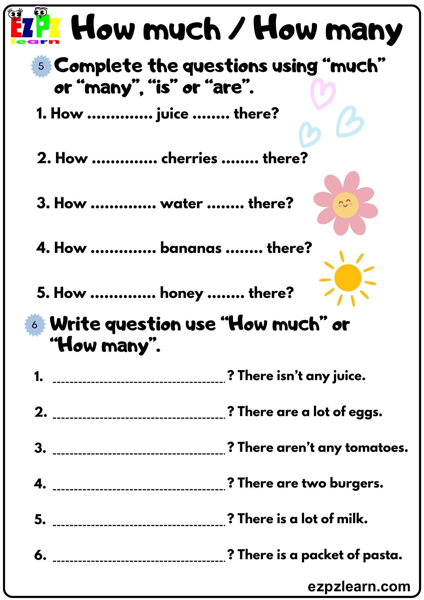 How Much How Many Countable And Uncountable Nouns Complete The Questions Free Pdf Ezpzlearn How Much How Many Countable And Uncountable Nouns Complete The Questions Free Pdf Ezpzlearn