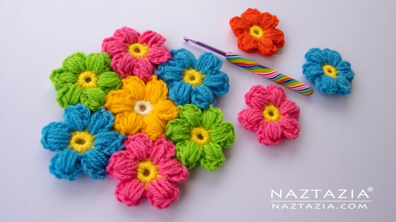 How To Crochet Easy Puff Flower And Connect Them Together Using The Join As You Go Method YouTube