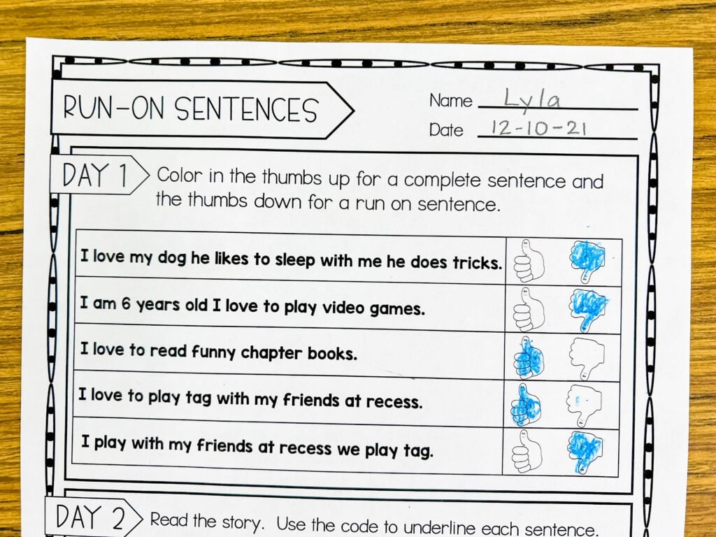 run on sentence worksheet