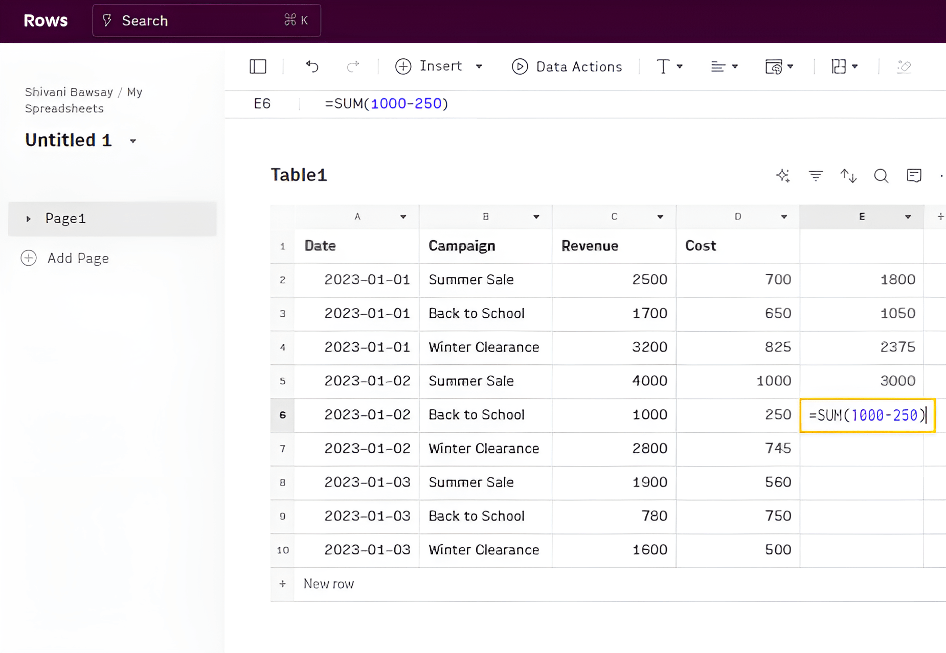subtraction in google sheets