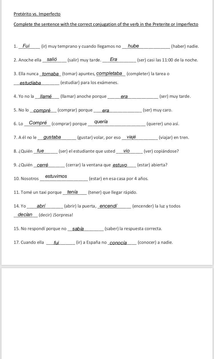 I Need Help With Preterite Vs Imperfect Are These Right R Worksheets Library