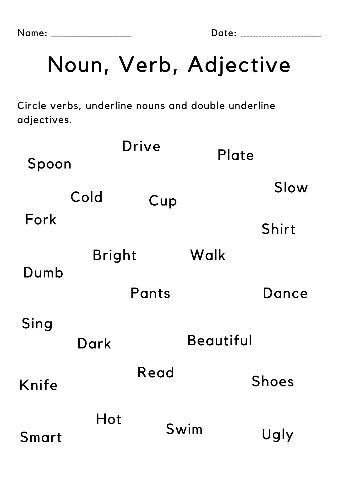 nouns verbs and adjectives worksheet