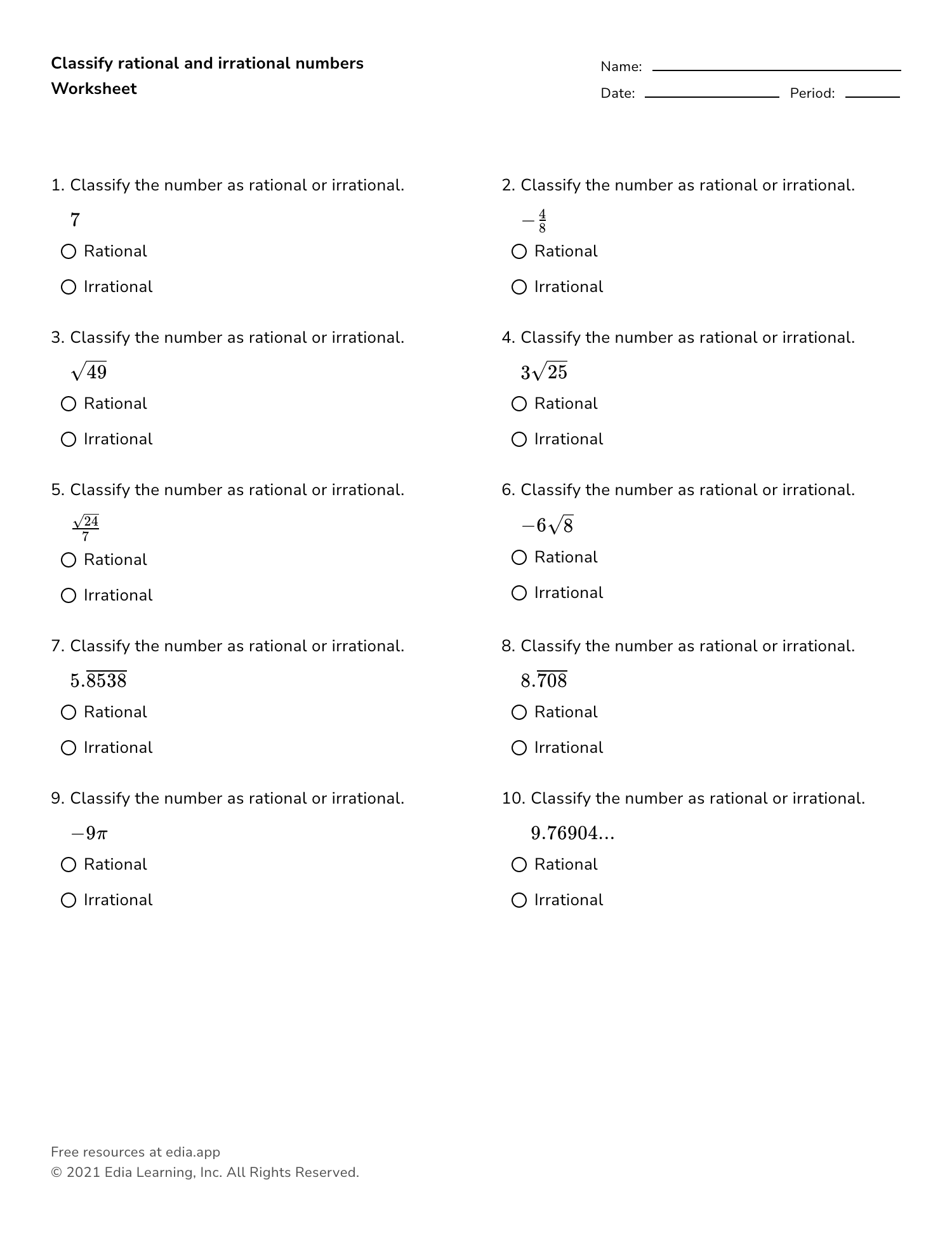 Identify Rational Numbers Worksheet Identify Rational Numbers Worksheet