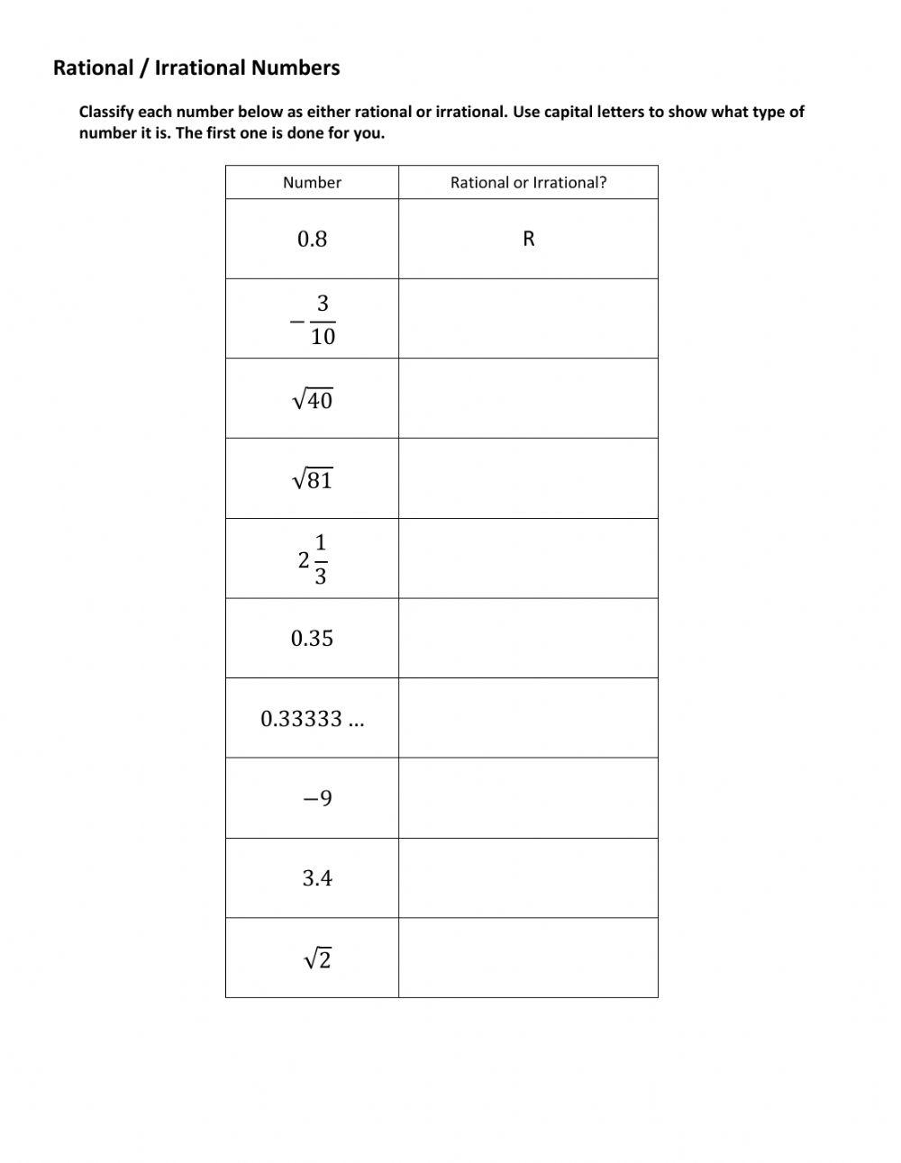 Identifying Rational And Irrational Numbers Online Exercise For Worksheets Library
