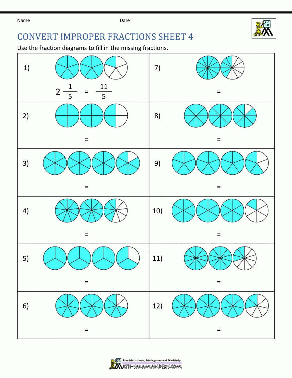 Improper Fraction Worksheets
