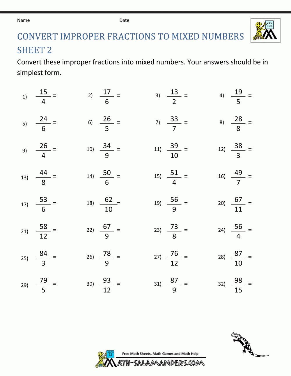 Improper Fraction Worksheets