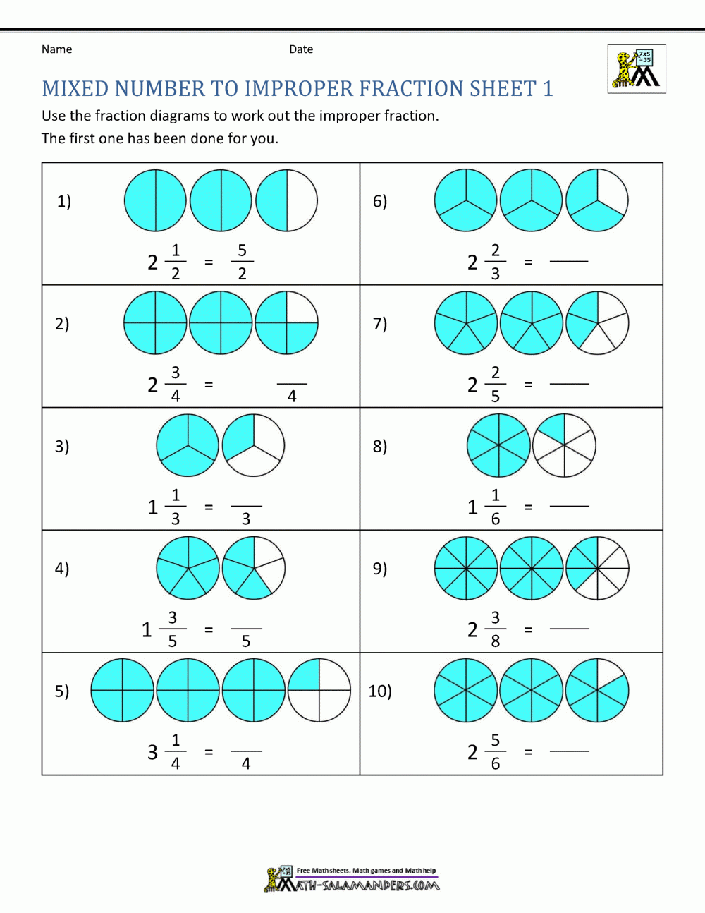 improper fractions to mixed numbers worksheet