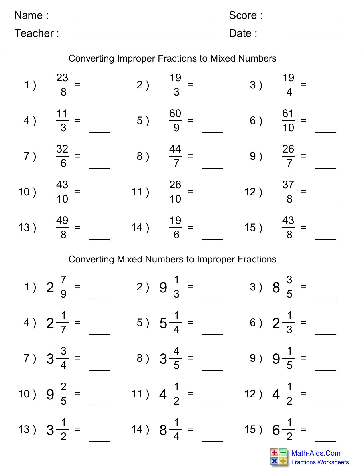 Improper Fractions To Mixed Numbers Worksheet