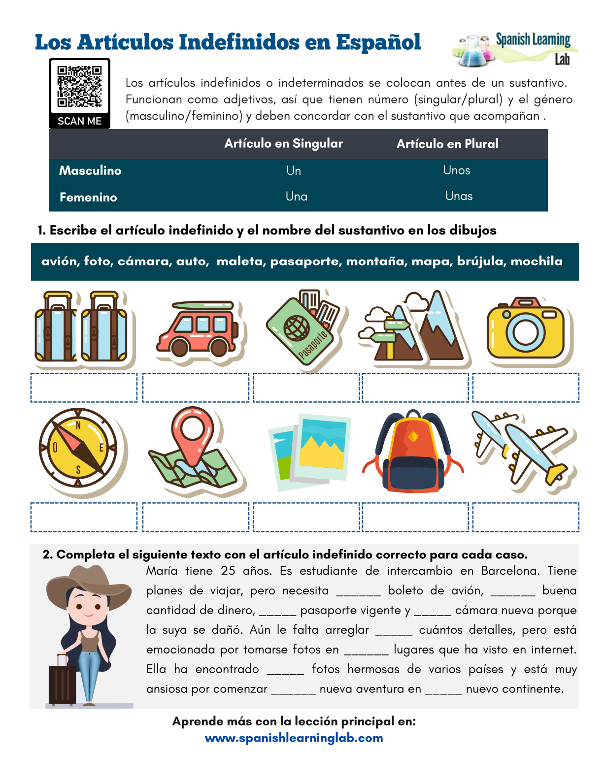 Indefinite Articles In Spanish PDF Worksheet Spanish Learning Lab Indefinite Articles In Spanish PDF Worksheet Spanish Learning Lab