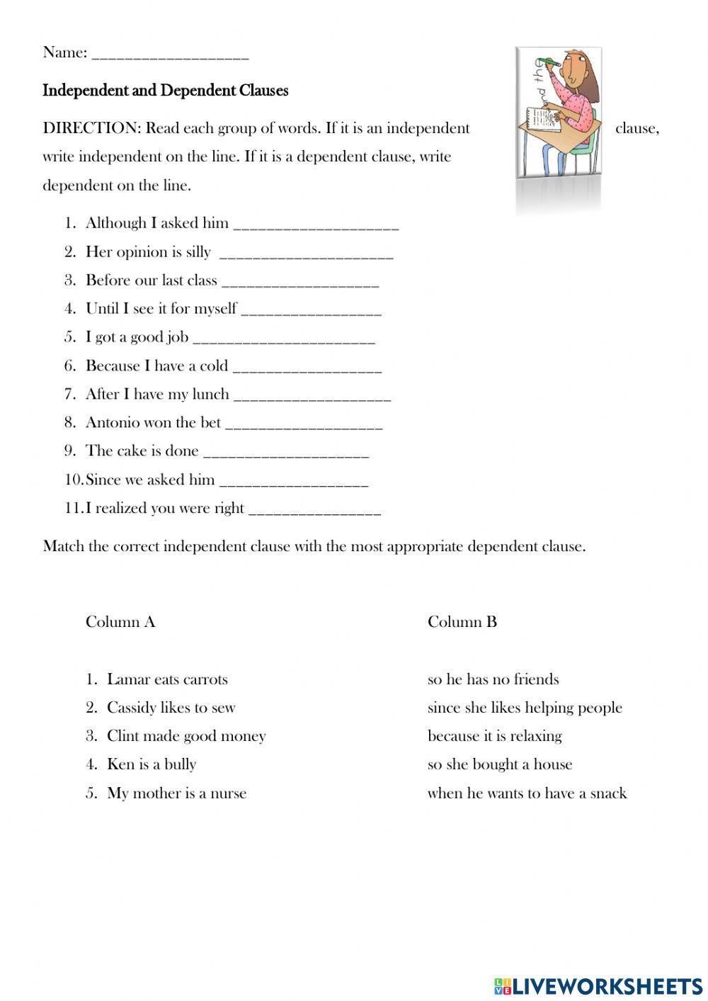 Independent And Dependent Clause Activity Live Worksheets Worksheets Library
