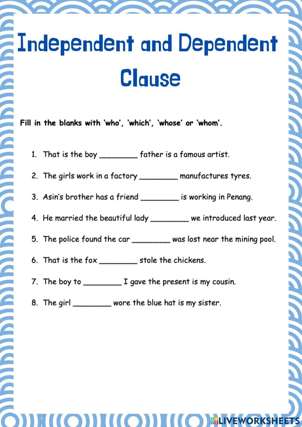 Independent And Dependent Clause Interactive Worksheet Live Worksheets Library