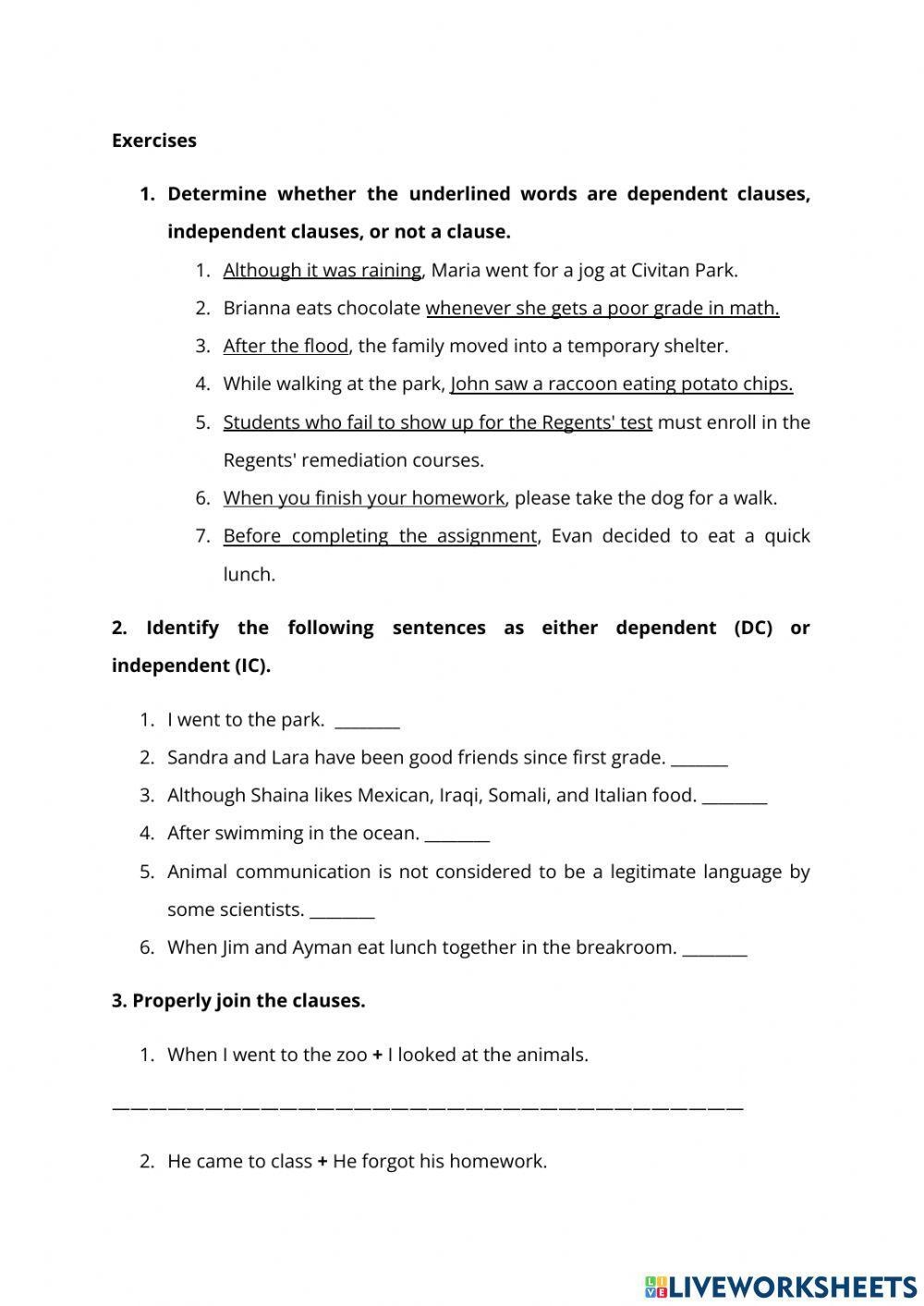 independent clause dependent clause worksheet