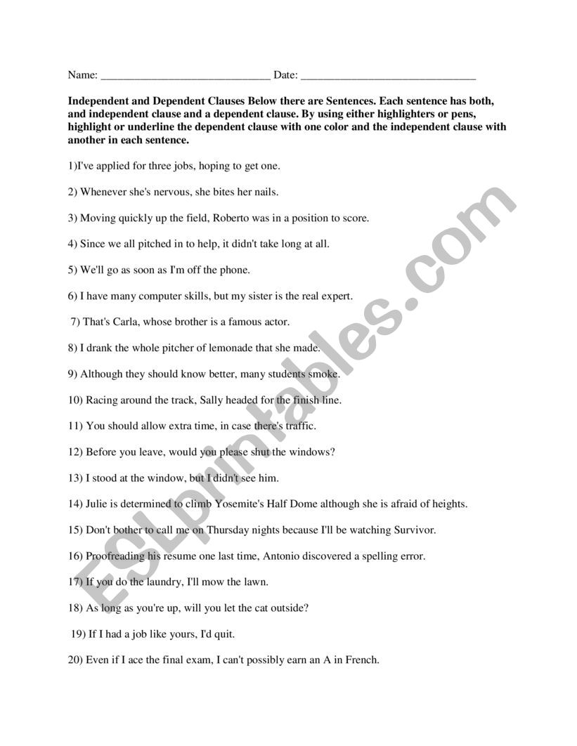 Independent Clauses amp Dependent Clauses ESL Worksheet By Gtercero Worksheets Library Independent Clauses amp Dependent Clauses ESL Worksheet By Gtercero Worksheets Library