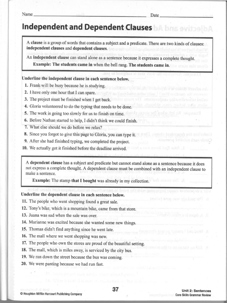 Independent Dependent Clauses Worksheet PDF PDF Worksheets Library