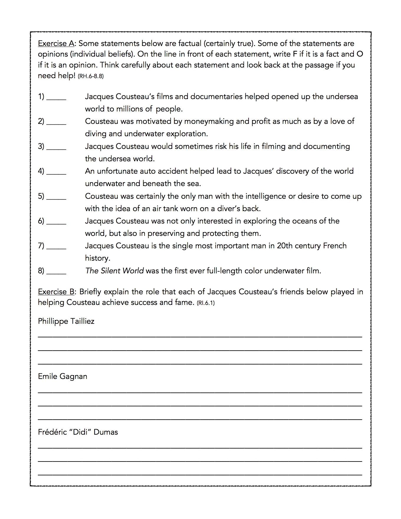 jacques cousteau reading comprehension