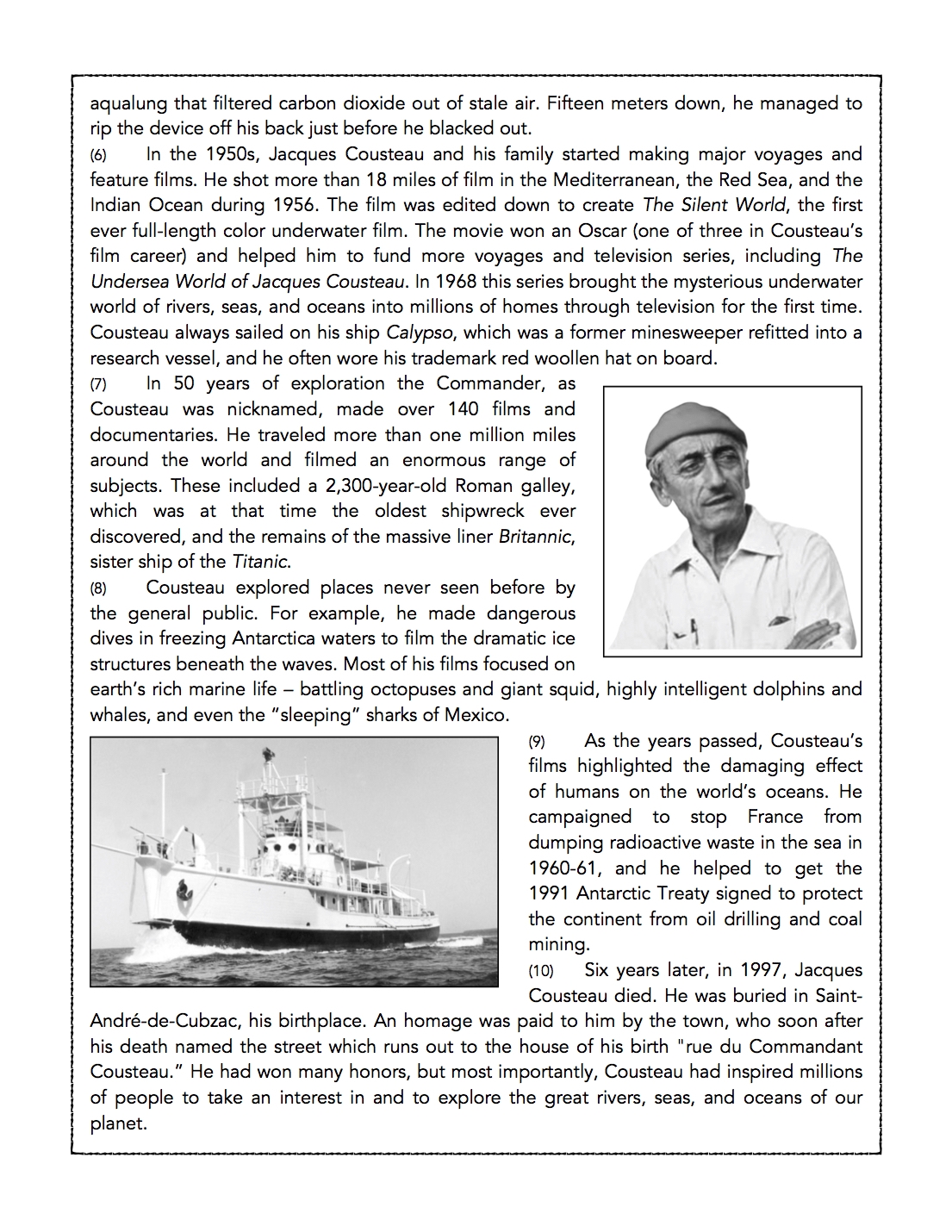 Jacques Cousteau The Commander Reading Comprehension Passage And Assessment Classful