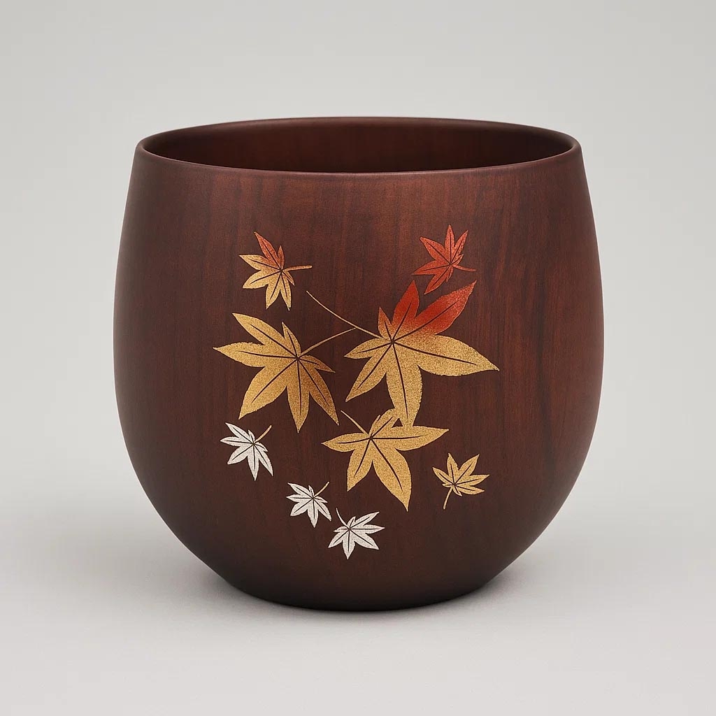 Japanese Tea Cup In Dark Natsume Wood With Maple Leaf Pattern MOMIJI 1