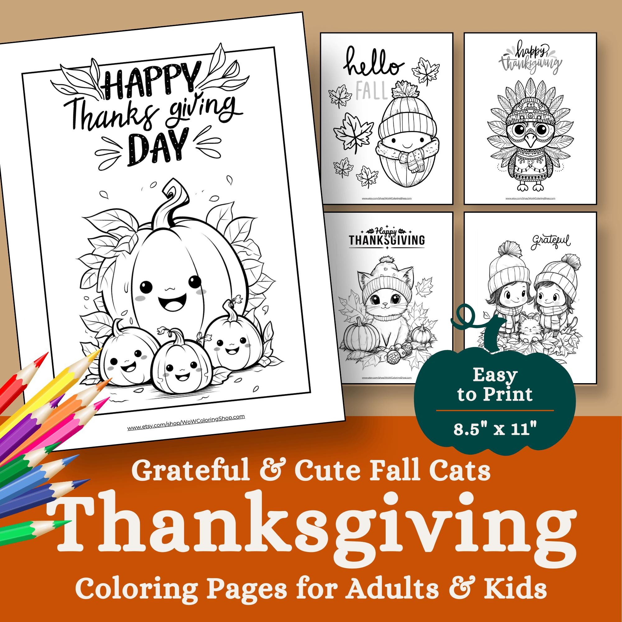 Kawaii Thanksgiving Coloring Pages Cats Autumn Fun PDF Etsy
