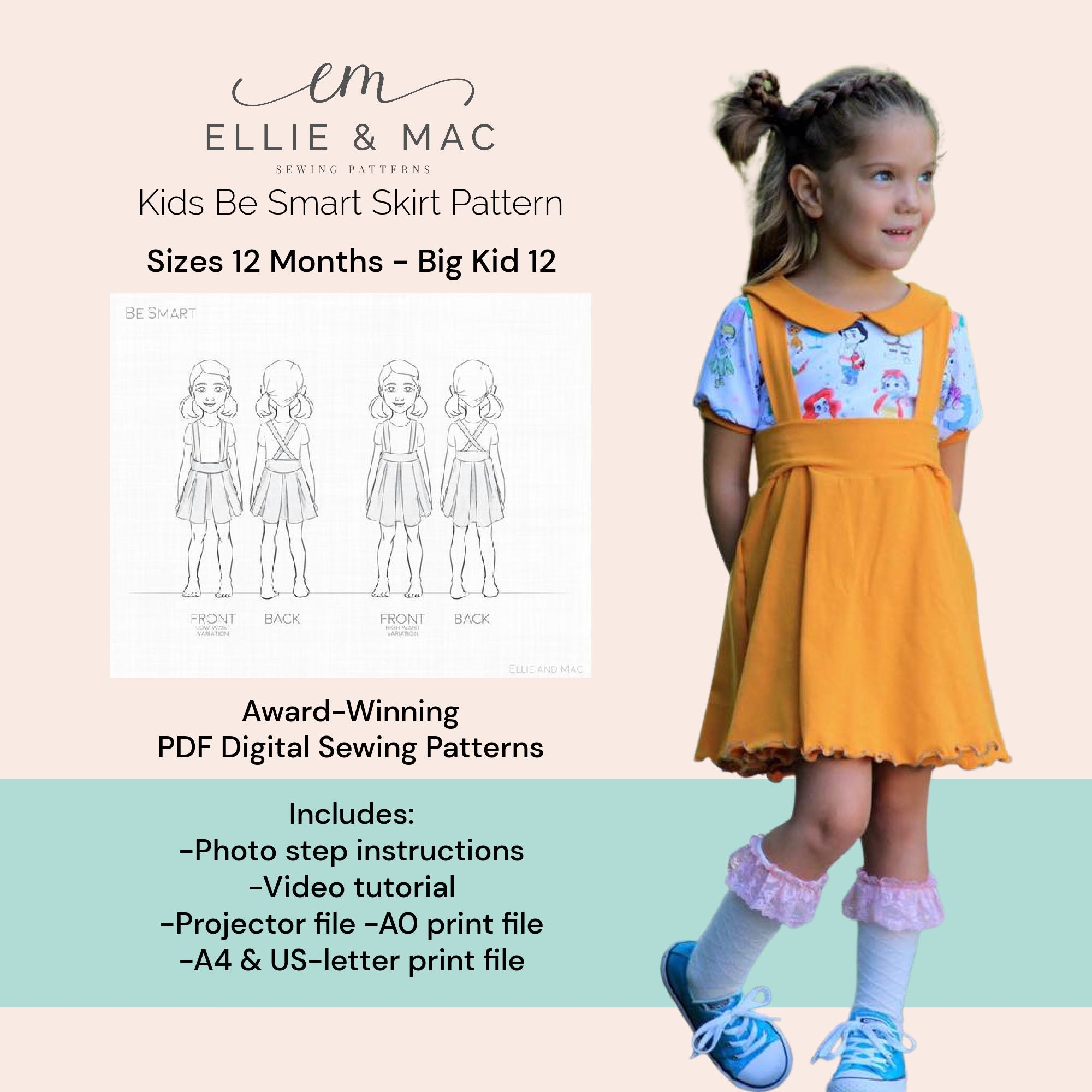 Kids Jumper Skirt Sewing Pattern High low Waist Sizes 12M 12 PDF Pattern Etsy